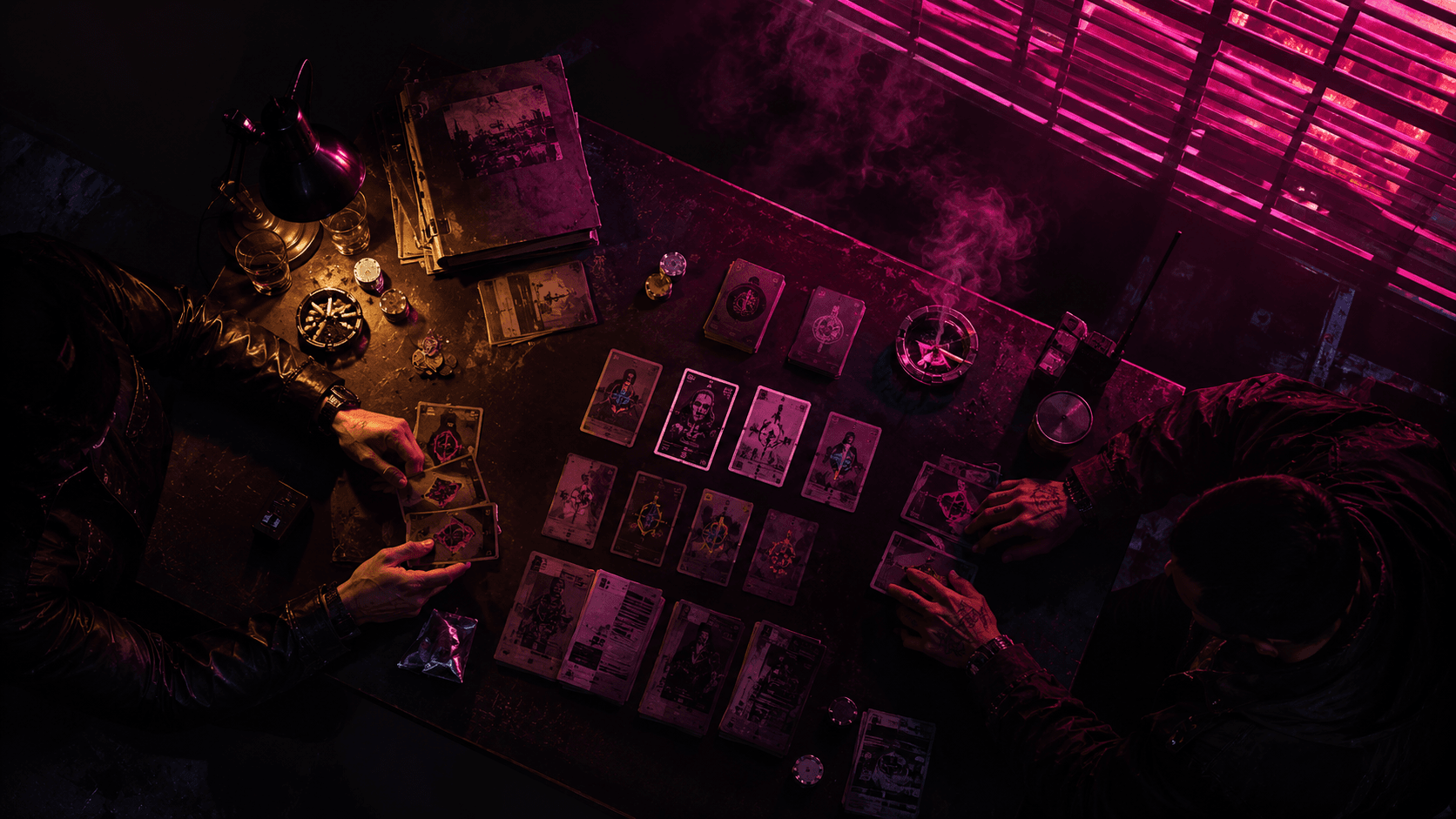 Overhead shot of two players mid-match, dossier cards fanned out under neon window light